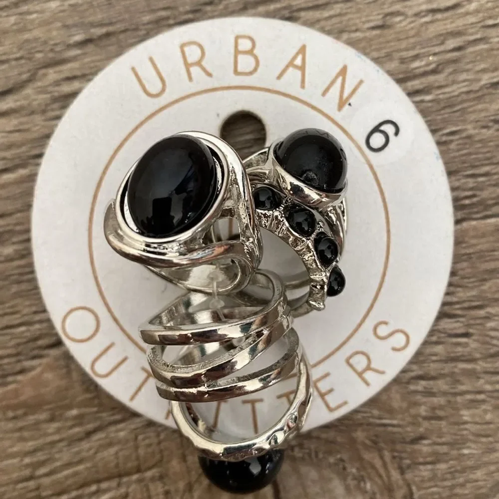 Urban Outfitters Set of Various Silver Tone Boho Stacking Rings w Black Stones